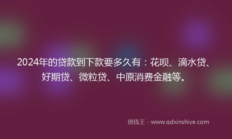 2024年的贷款到下款要多久有：花呗、滴水贷、好期贷、微粒贷、中原消费金融等。