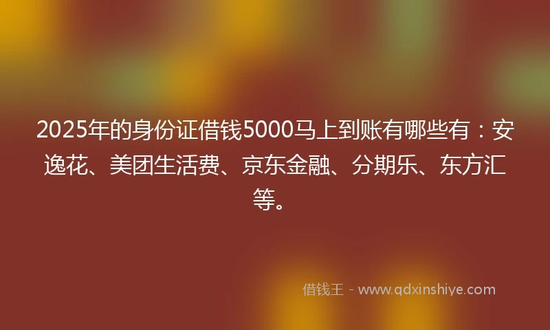 2025年的身份证借钱5000马上到账有哪些有：安逸花、美团生活费、京东金融、分期乐、东方汇等。
