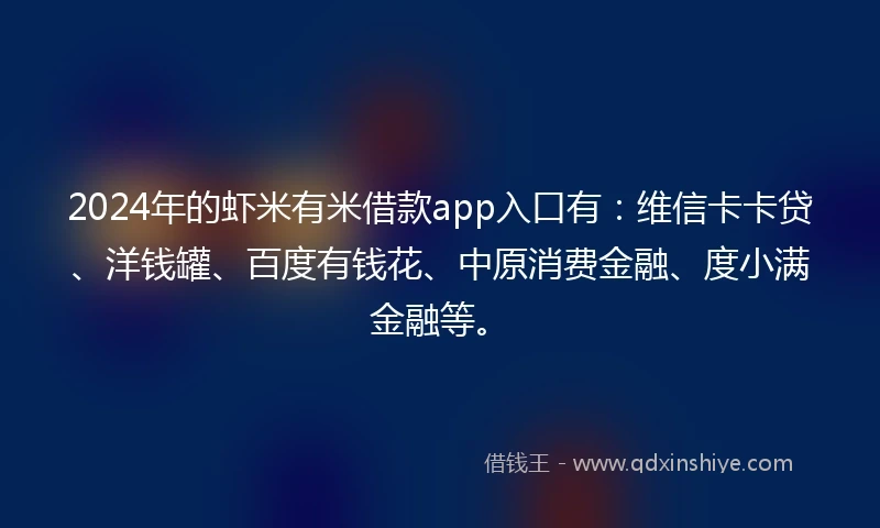2024年的虾米有米借款app入口有：维信卡卡贷、洋钱罐、百度有钱花、中原消费金融、度小满金融等。