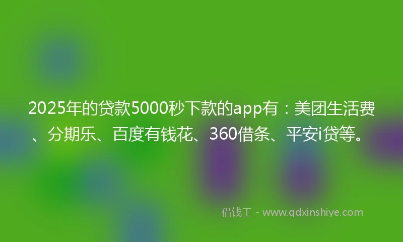 2025年的贷款5000秒下款的app有：美团生活费、分期乐、百度有钱花、360借条、平安i贷等。