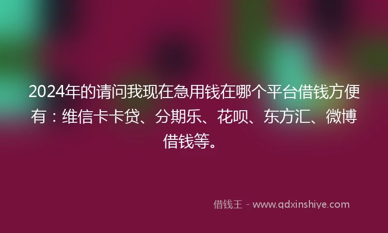 2024年的请问我现在急用钱在哪个平台借钱方便有：维信卡卡贷、分期乐、花呗、东方汇、微博借钱等。