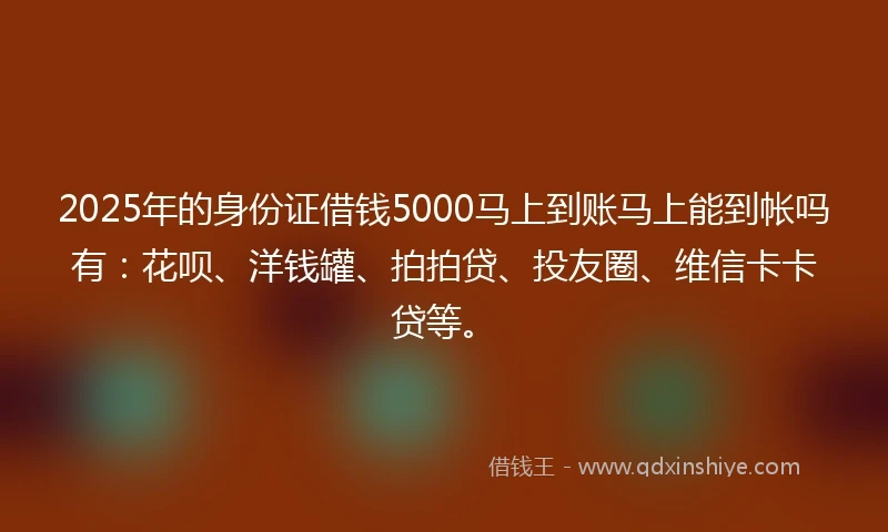 2025年的身份证借钱5000马上到账马上能到帐吗有：花呗、洋钱罐、拍拍贷、投友圈、维信卡卡贷等。