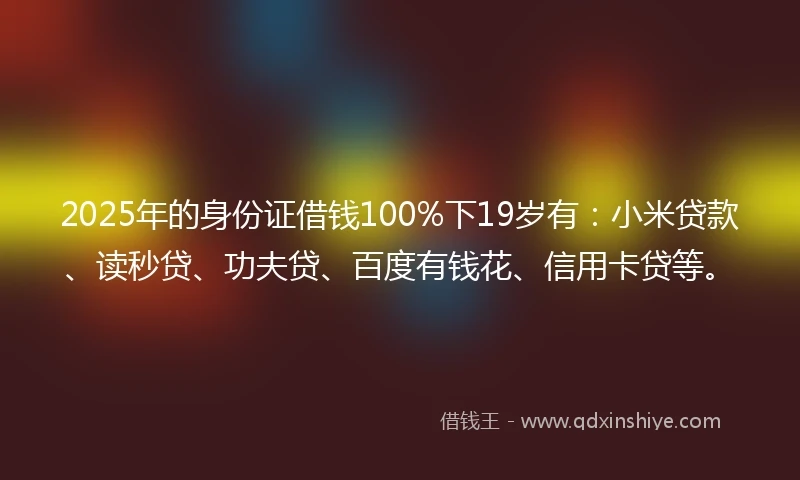2025年的身份证借钱100%下19岁有：小米贷款、读秒贷、功夫贷、百度有钱花、信用卡贷等。