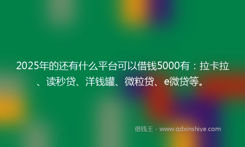 2025年的还有什么平台可以借钱5000有：拉卡拉、读秒贷、洋钱罐、微粒贷、e微贷等。
