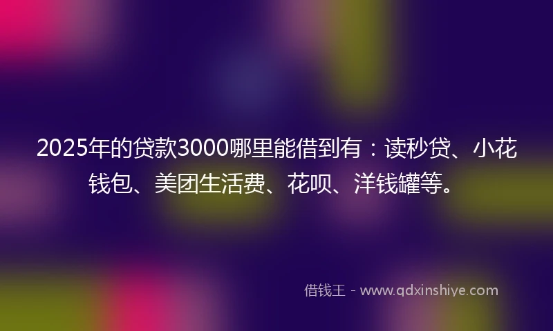 2025年的贷款3000哪里能借到有：读秒贷、小花钱包、美团生活费、花呗、洋钱罐等。