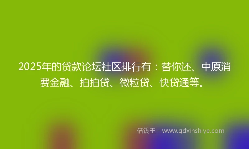2025年的贷款论坛社区排行有：替你还、中原消费金融、拍拍贷、微粒贷、快贷通等。