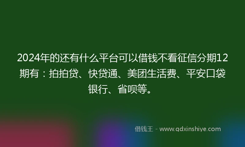 2024年的还有什么平台可以借钱不看征信分期12期有：拍拍贷、快贷通、美团生活费、平安口袋银行、省呗等。