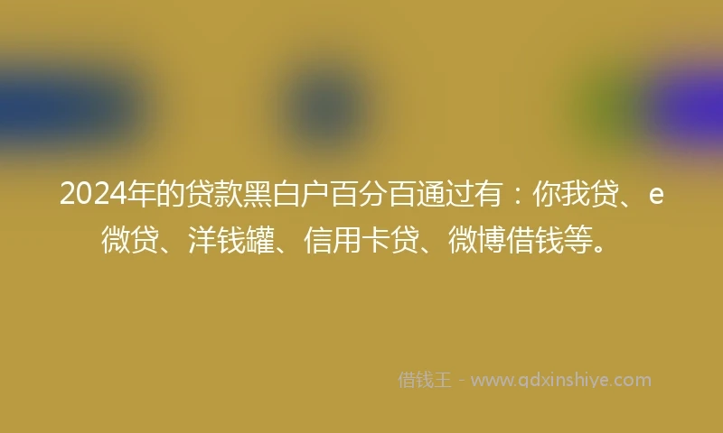 2024年的贷款黑白户百分百通过有：你我贷、e微贷、洋钱罐、信用卡贷、微博借钱等。
