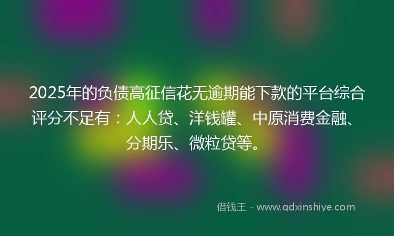 2025年的负债高征信花无逾期能下款的平台综合评分不足有：人人贷、洋钱罐、中原消费金融、分期乐、微粒贷等。