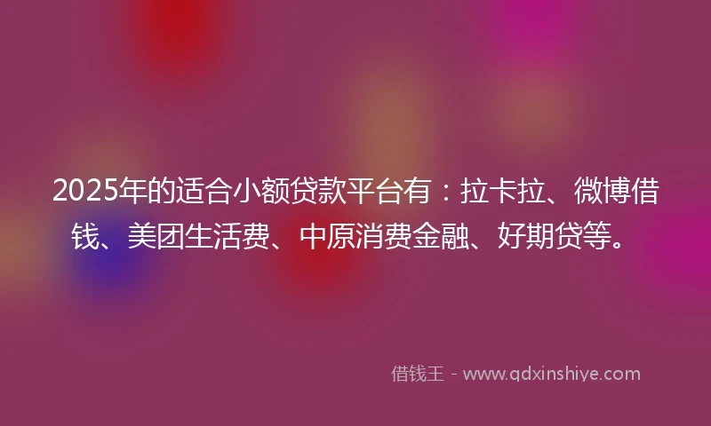 2025年的适合小额贷款平台有：拉卡拉、微博借钱、美团生活费、中原消费金融、好期贷等。
