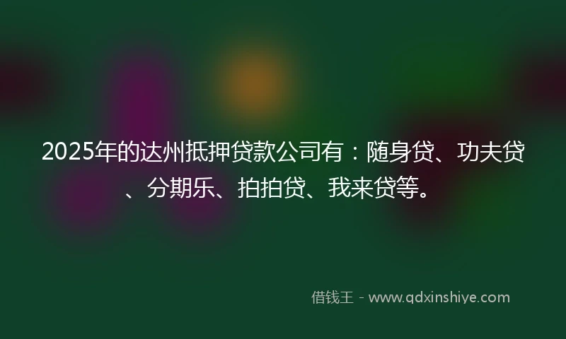 2025年的达州抵押贷款公司有：随身贷、功夫贷、分期乐、拍拍贷、我来贷等。