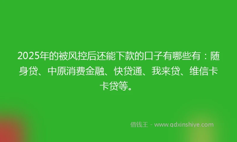 2025年的被风控后还能下款的口子有哪些有：随身贷、中原消费金融、快贷通、我来贷、维信卡卡贷等。