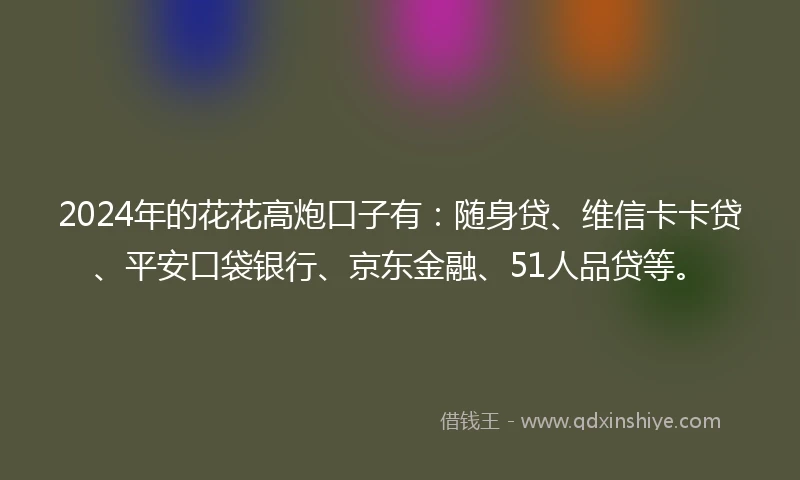 2024年的花花高炮口子有：随身贷、维信卡卡贷、平安口袋银行、京东金融、51人品贷等。