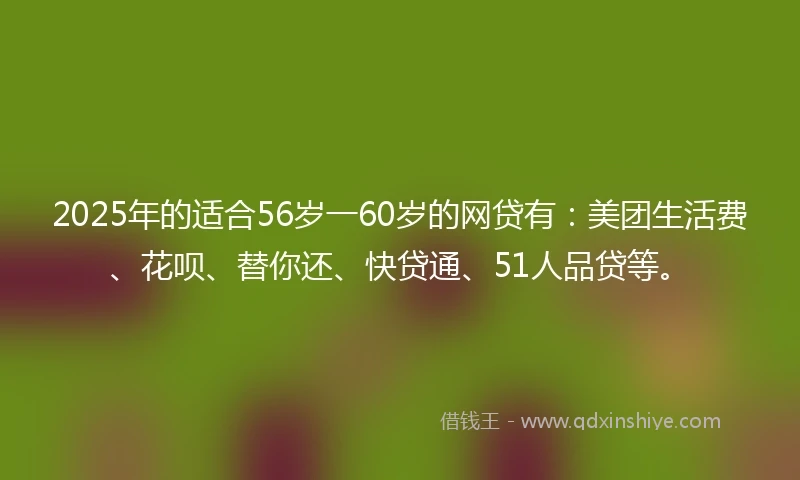 2025年的适合56岁一60岁的网贷有：美团生活费、花呗、替你还、快贷通、51人品贷等。