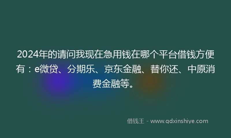 2024年的请问我现在急用钱在哪个平台借钱方便有：e微贷、分期乐、京东金融、替你还、中原消费金融等。