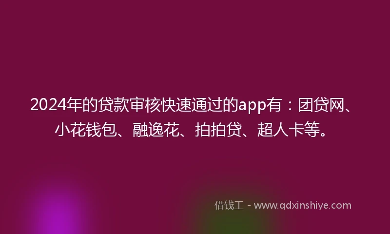 2024年的贷款审核快速通过的app有：团贷网、小花钱包、融逸花、拍拍贷、超人卡等。
