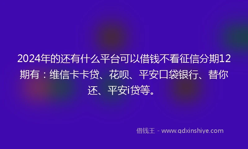 2024年的还有什么平台可以借钱不看征信分期12期有：维信卡卡贷、花呗、平安口袋银行、替你还、平安i贷等。