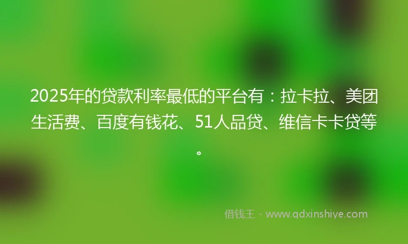 2025年的贷款利率最低的平台有：拉卡拉、美团生活费、百度有钱花、51人品贷、维信卡卡贷等。