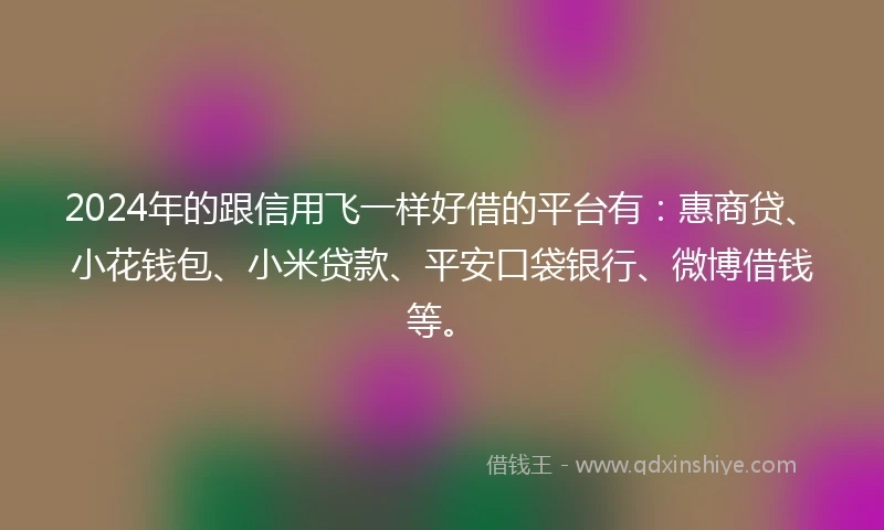 2024年的跟信用飞一样好借的平台有：惠商贷、小花钱包、小米贷款、平安口袋银行、微博借钱等。