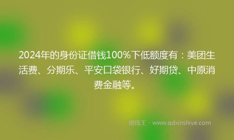 2024年的身份证借钱100%下低额度有：美团生活费、分期乐、平安口袋银行、好期贷、中原消费金融等。