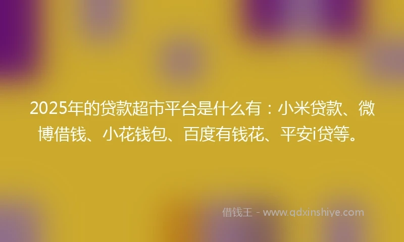 2025年的贷款超市平台是什么有：小米贷款、微博借钱、小花钱包、百度有钱花、平安i贷等。