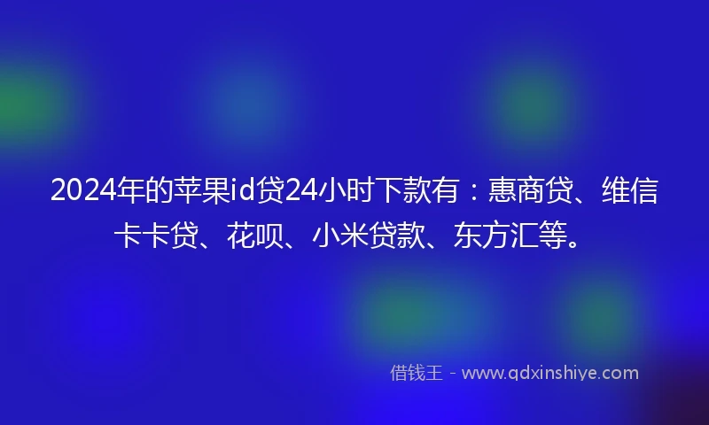 2024年的苹果id贷24小时下款有：惠商贷、维信卡卡贷、花呗、小米贷款、东方汇等。