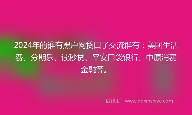 2024年的谁有黑户网贷口子交流群有：美团生活费、分期乐、读秒贷、平安口袋银行、中原消费金融等。