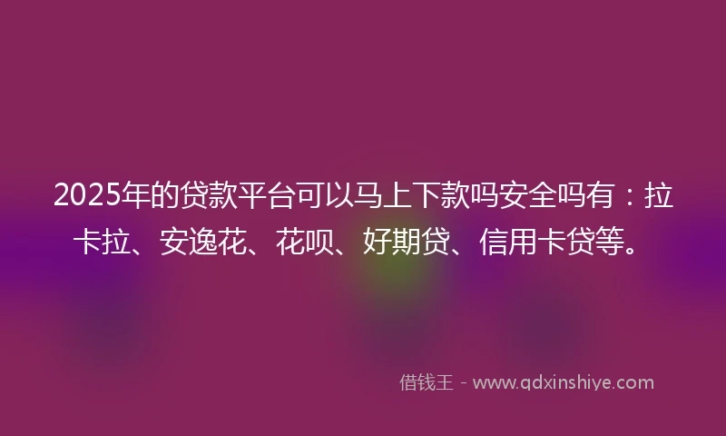 2025年的贷款平台可以马上下款吗安全吗有：拉卡拉、安逸花、花呗、好期贷、信用卡贷等。