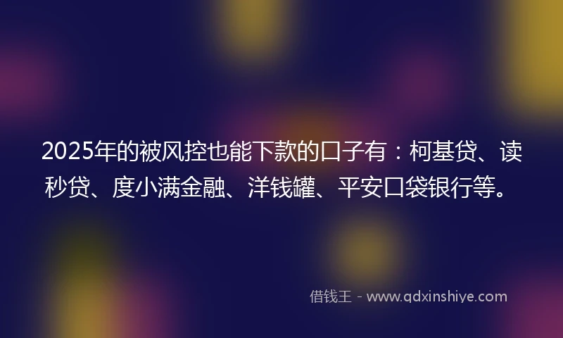 2025年的被风控也能下款的口子有：柯基贷、读秒贷、度小满金融、洋钱罐、平安口袋银行等。
