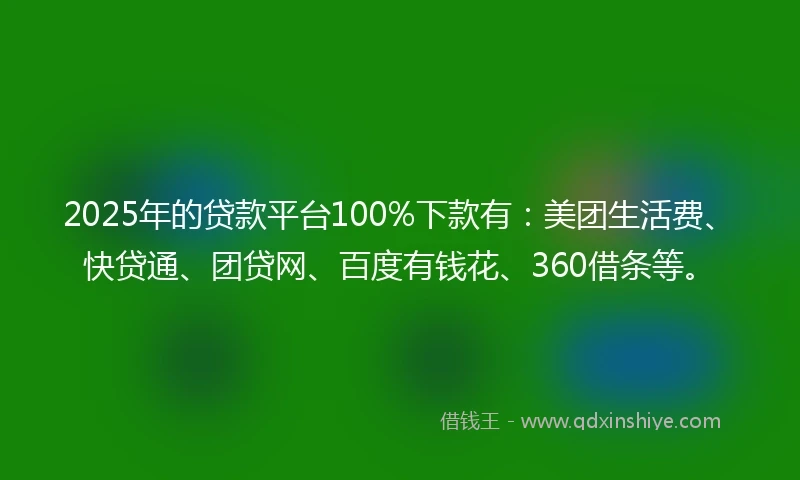 2025年的贷款平台100%下款有：美团生活费、快贷通、团贷网、百度有钱花、360借条等。