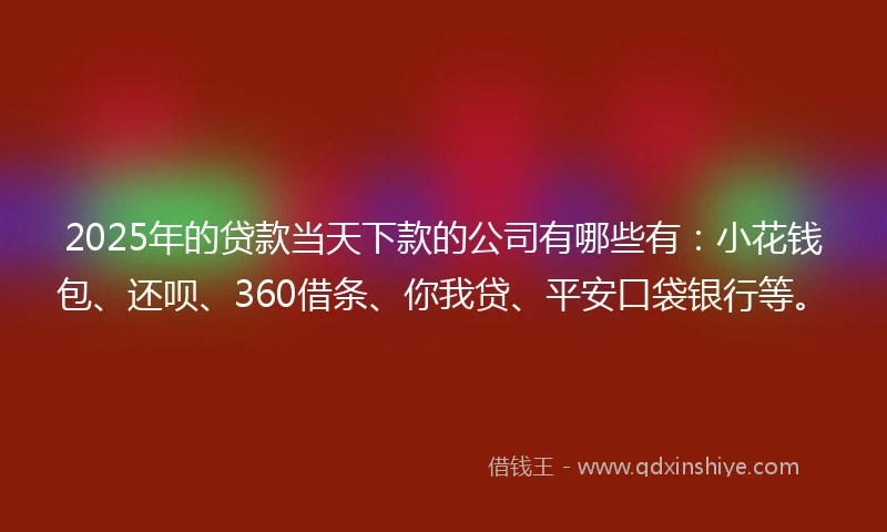 2025年的贷款当天下款的公司有哪些有：小花钱包、还呗、360借条、你我贷、平安口袋银行等。