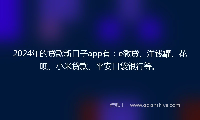 2024年的贷款新口子app有：e微贷、洋钱罐、花呗、小米贷款、平安口袋银行等。