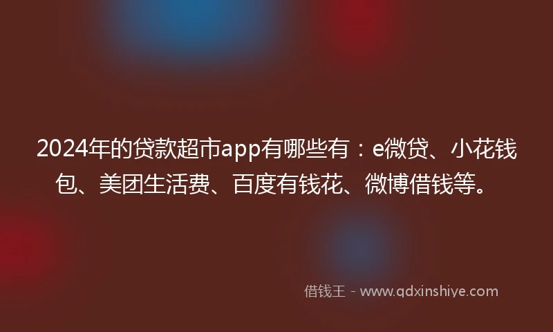 2024年的贷款超市app有哪些有：e微贷、小花钱包、美团生活费、百度有钱花、微博借钱等。