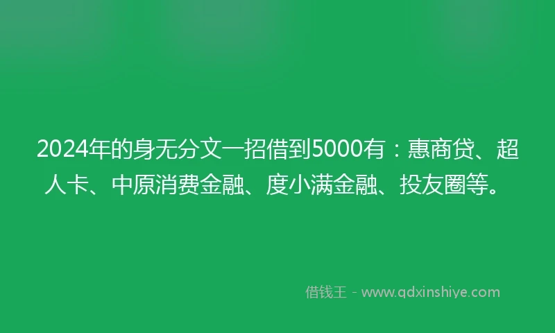 2024年的身无分文一招借到5000有：惠商贷、超人卡、中原消费金融、度小满金融、投友圈等。