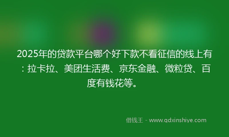 2025年的贷款平台哪个好下款不看征信的线上有：拉卡拉、美团生活费、京东金融、微粒贷、百度有钱花等。