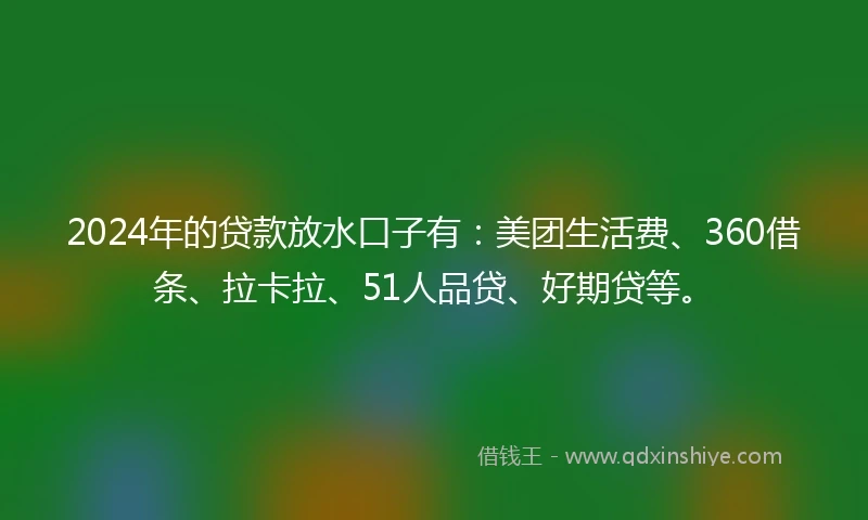 2024年的贷款放水口子有：美团生活费、360借条、拉卡拉、51人品贷、好期贷等。