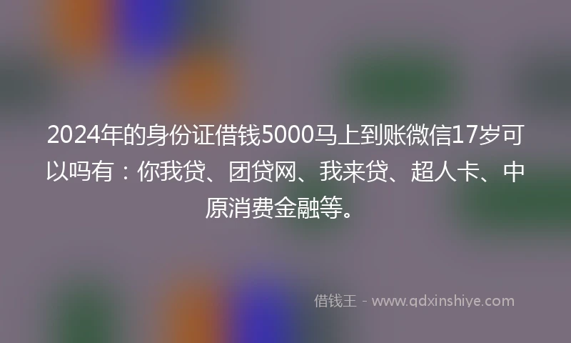 2024年的身份证借钱5000马上到账微信17岁可以吗有：你我贷、团贷网、我来贷、超人卡、中原消费金融等。