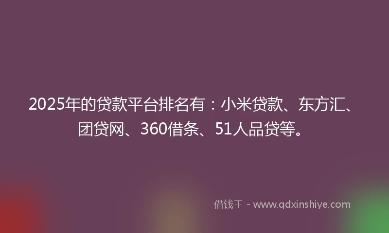 2025年的贷款平台排名有：小米贷款、东方汇、团贷网、360借条、51人品贷等。