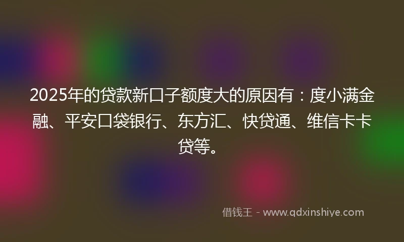 2025年的贷款新口子额度大的原因有：度小满金融、平安口袋银行、东方汇、快贷通、维信卡卡贷等。