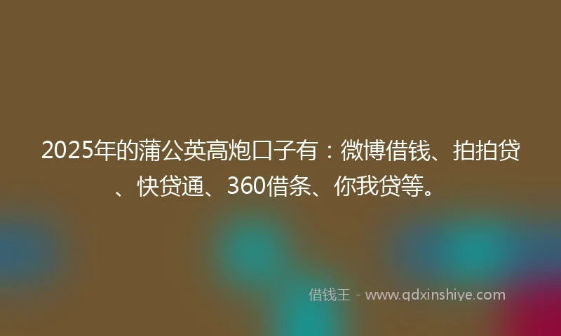 2025年的蒲公英高炮口子有：微博借钱、拍拍贷、快贷通、360借条、你我贷等。