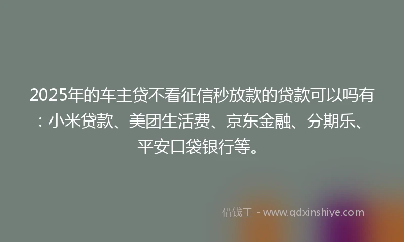 2025年的车主贷不看征信秒放款的贷款可以吗有：小米贷款、美团生活费、京东金融、分期乐、平安口袋银行等。