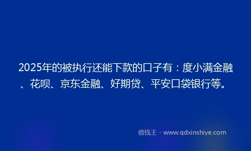 2025年的被执行还能下款的口子有：度小满金融、花呗、京东金融、好期贷、平安口袋银行等。