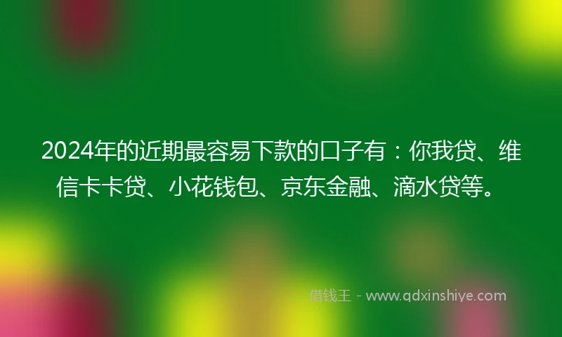 2024年的近期最容易下款的口子有：你我贷、维信卡卡贷、小花钱包、京东金融、滴水贷等。