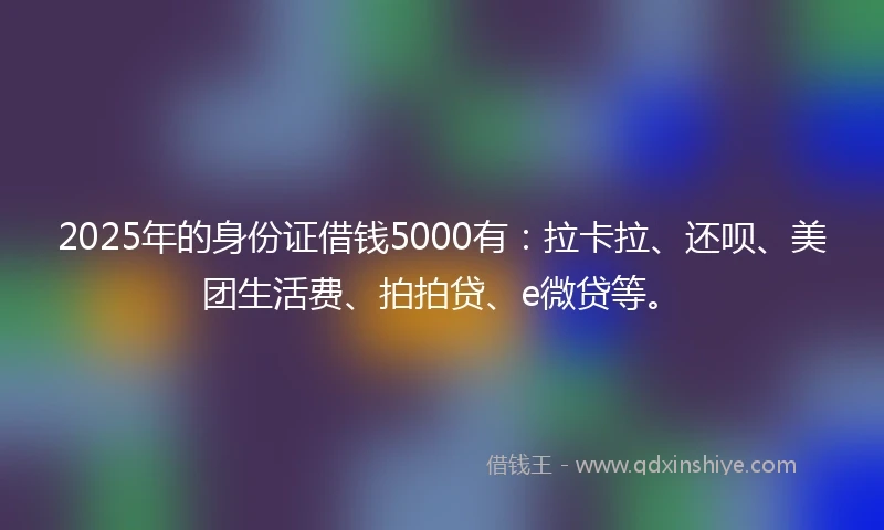 2025年的身份证借钱5000有：拉卡拉、还呗、美团生活费、拍拍贷、e微贷等。