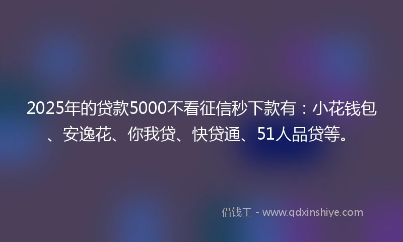 2025年的贷款5000不看征信秒下款有：小花钱包、安逸花、你我贷、快贷通、51人品贷等。