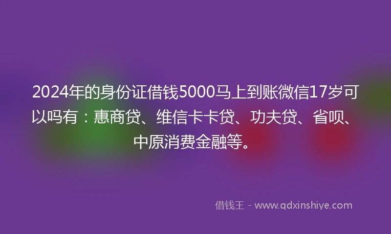2024年的身份证借钱5000马上到账微信17岁可以吗有：惠商贷、维信卡卡贷、功夫贷、省呗、中原消费金融等。