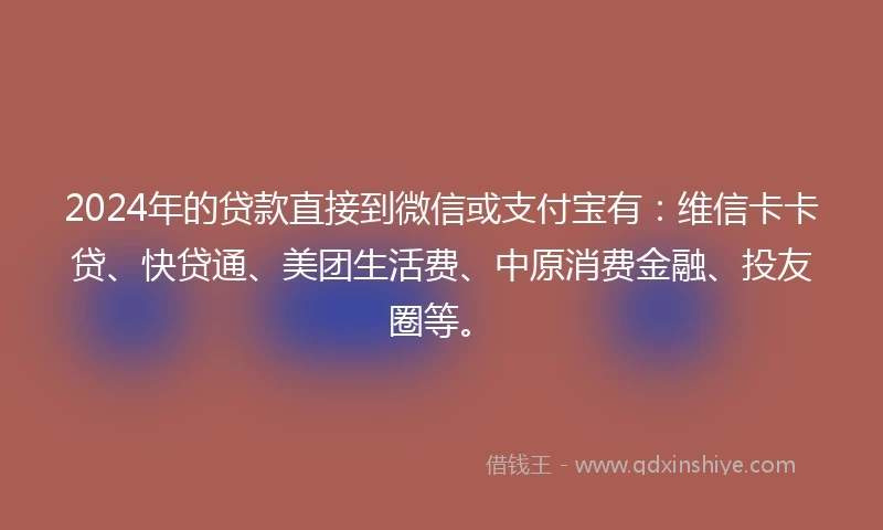 2024年的贷款直接到微信或支付宝有：维信卡卡贷、快贷通、美团生活费、中原消费金融、投友圈等。