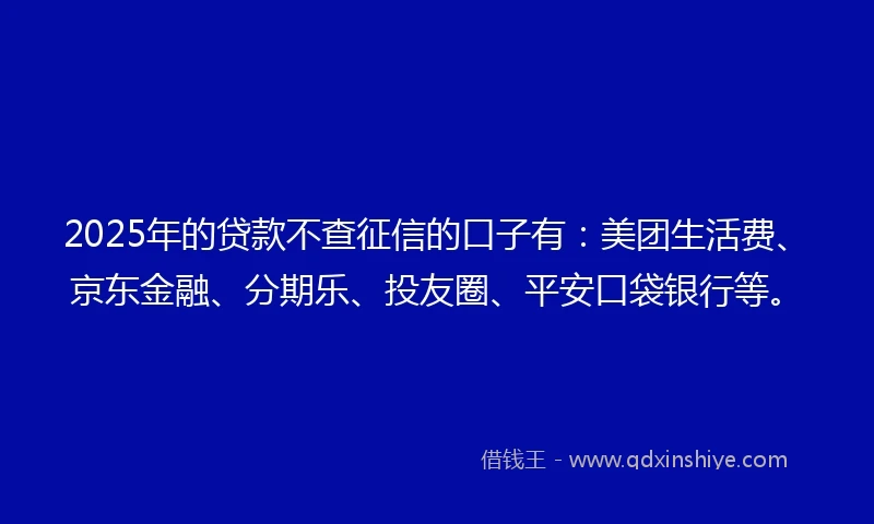 2025年的贷款不查征信的口子有：美团生活费、京东金融、分期乐、投友圈、平安口袋银行等。