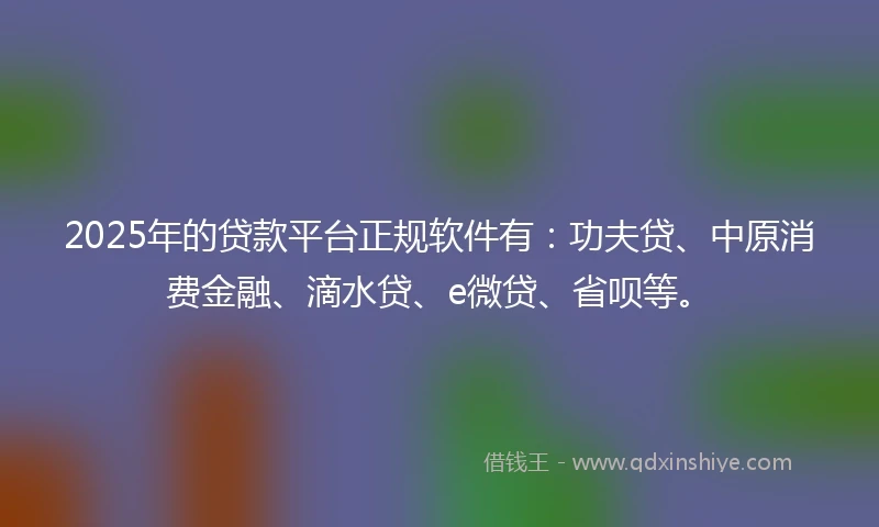 2025年的贷款平台正规软件有：功夫贷、中原消费金融、滴水贷、e微贷、省呗等。