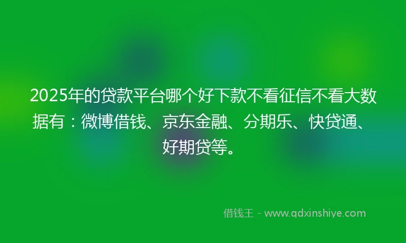 2025年的贷款平台哪个好下款不看征信不看大数据有：微博借钱、京东金融、分期乐、快贷通、好期贷等。